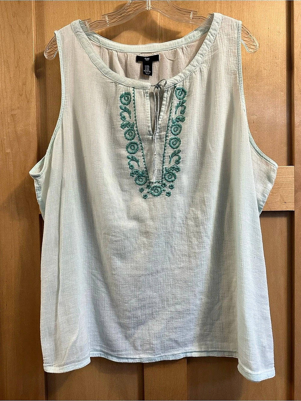 Gap Embroidered Boho Peasant Tank Top Blouse Light Teal Blue XXL